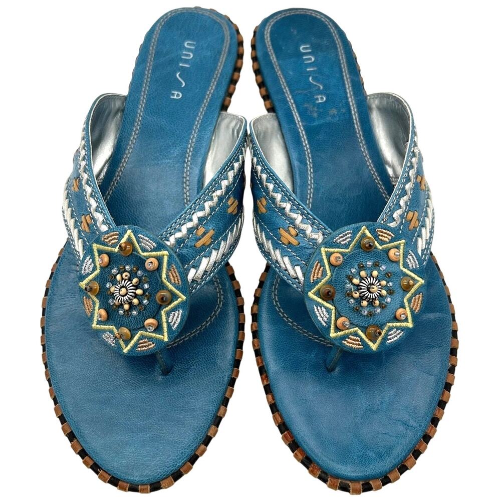 Unisa Blue Leather Beaded Medallion Sandals SIZE 8 Boho Southwestern Resort